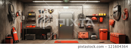 A modern, resilient bomb shelter designed for private use, showcasing tidy arrangements of critical survival tools and gear, secured by a robust steel door, banner 121604364