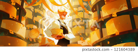 Close-up of a smiling male cheesemaker in a traditional apron holding a fresh round of cheese, with rustic wooden shelves filled with aging cheese wheels behind his, banner Close-up of a smiling male cheesemaker in a traditional apron holding a fresh round of cheese, with rustic wooden shelves filled with aging cheese wheels behind his, banner 121604389