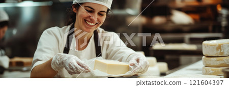 A female cheesemaker smiles while wrapping a freshly made wheel of cheese in wax paper, highlighting the personal touch and care involved in her artisanal production, banner 121604397