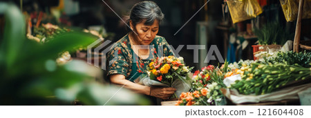 At a quaint outdoor flower stall nestled in nature, a female seller assembles a bouquet with care, exuding a serene and inviting rustic charm, banner 121604408