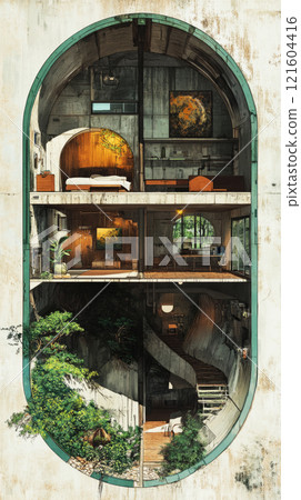 Practical and efficient, the layout of a private bomb shelter is depicted with an emergency escape route, air filtration system, and durable construction for ultimate family protection 121604416