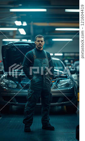 Standing poised next to an open car hood, a skilled male mechanic exudes expertise in a clean, organized garage with state-of-the-art equipment and precise tools 121604419