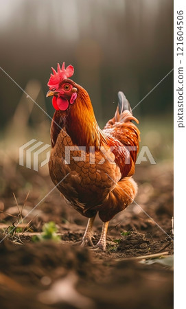 Lonely rooster on a pasture for a walk Lonely rooster on a pasture for a walk 121604506