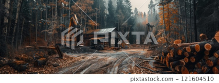Sawmill, sawmill buildings with equipment with logs in the forest 121604510
