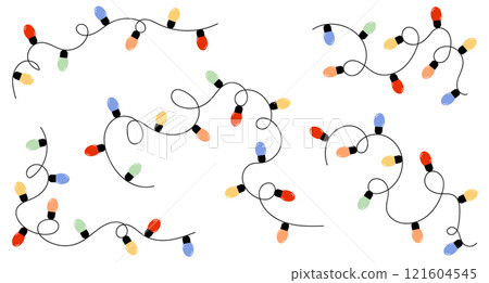 Garland lights curvy strings set. Colorful light bulbs for decoration, banner, poster, greeting card, web design. Garland lights curvy strings set. Colorful light bulbs for decoration, banner, poster, greeting card, web design. 121604545