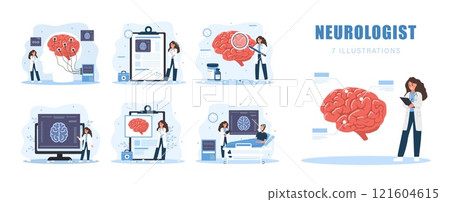Neurologist concept. Female Doctor diagnosis and monitors treatment of Brain diseases. Research scientist. Neurology or Neuroscience. Set of Vector illustrations in flat cartoon style Neurologist concept. Female Doctor diagnosis and monitors treatment of Brain diseases. Research scientist. Neurology or Neuroscience. Set of Vector illustrations in flat cartoon style 121604615