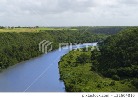 Beautiful view from Altos de Chavon of the river Chavon and forest around Beautiful view from Altos de Chavon of the river Chavon and forest around 121604816