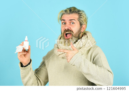 Sick leave. Allergy medical treatment. Health problem. Runny nose recovery. Runny nose and symptoms of cold. Fast recovery. Cold flu remedies. Man scarf hold nasal spray. Medicines effective recovery Sick leave. Allergy medical treatment. Health problem. Runny nose recovery. Runny nose and symptoms of cold. Fast recovery. Cold flu remedies. Man scarf hold nasal spray. Medicines effective recovery 121604995