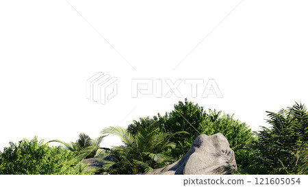 vegetation nature plant green natural environment foliage background 3d render. landscape tree jungle summer forest leaf tropical garden ecology grass. flora isolated park bush wild tropic. 121605054