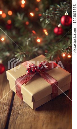 Elegant gift box with red ribbon and decorations under a Christmas tree at night 121605318