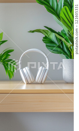 Clean white headphones displayed on a wooden table with green plants in a modern interior 121605331