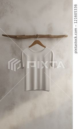 Mockup of a simple white t-shirt hanging on a rustic wooden rod against a textured wall 121605336