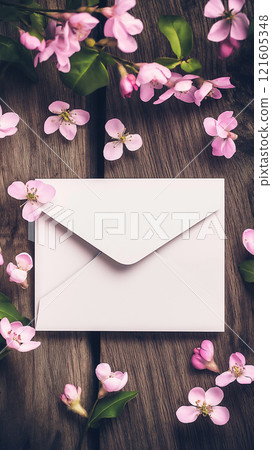 Blank invitation mockup with floral decoration on rustic wooden background 121605348