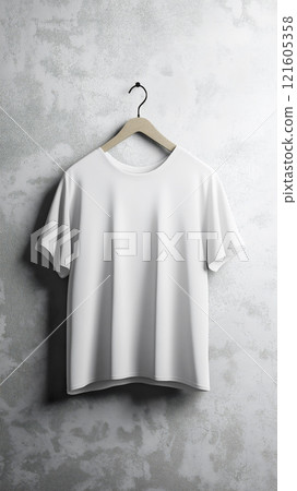 Mockup of a white t-shirt hanging on a textured wall in an indoor setting 121605358
