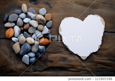 Creative arrangement of stones forming a heart shape next to blank paper piece on wooden surface 121605386