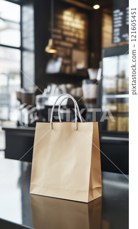 Blank paper bag display in modern cafe interior with stylish decor and bright lighting Blank paper bag display in modern cafe interior with stylish decor and bright lighting 121605451