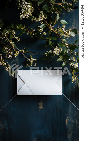 Blank invitation mockup on a rustic blue background with floral accents 121605494