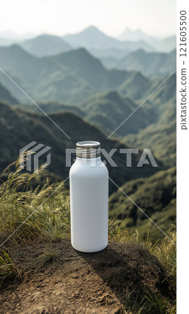 Mockup of a plain water bottle set against a stunning mountainous landscape during the day 121605500