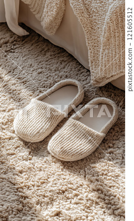 Cozy slippers placed on a soft rug in a warmly lit bedroom setting at morning 121605512