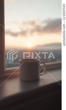Coffee mug on a windowsill with sunrise view over distant mountains and clouds 121605583