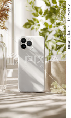 Empty phone case mockup displayed on a table with natural light and greenery 121605612
