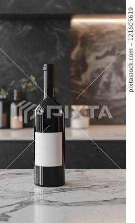 Elegant wine bottle mockup displayed on a marble countertop in a modern kitchen setting 121605619