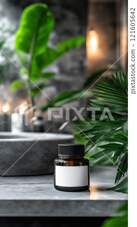 Photorealistic mockup of a cosmetic jar in a spa-like setting with natural elements 121605642