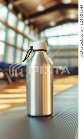 Clean sports water bottle placed on a mat in a bright indoor gym setting 121605644