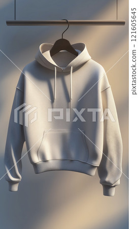 Photorealistic mockup of a blank hoodie hanging against a minimalist background 121605645