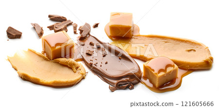 various caramel and chocolate products 121605666