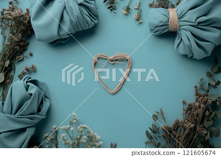 Flat lay of wrapped fabric and natural elements against a blue background showcasing creativity 121605674