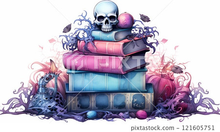 Ancient books and skulls in pastel pink and blue colors on white background. Neural network ai generated 121605751
