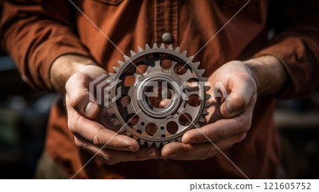 Skillful factory worker holds machine part in workshop. Industry and engineering technology concept. Neural network ai generated 121605752