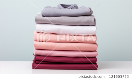 Stack of perfectly folded clothing items. Pile of different cold color shirts, sweaters and pants on the table. Neural network ai generated 121605753
