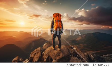 Hiker with backpack standing on a rock and enjoying sunset on mountains. Neural network ai generated 121605777