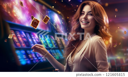 Beautiful Caucasian Woman Posing In Prestige Casino. Neural network ai generated 121605815