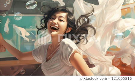 Cute asian girl and soap bubbles. ai generated image 121605816