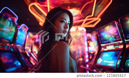 Beautiful Asian Woman Posing In Prestige Casino. Neural network ai generated 121605817