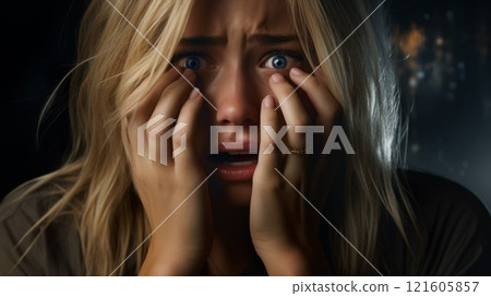 Pretty blonde woman feeling stressed, anxious or scared. Neural network ai generated 121605857