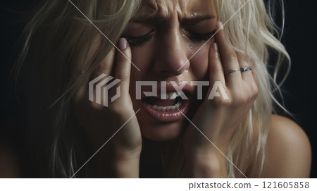 Pretty blonde woman feeling stressed, anxious or scared. Neural network ai generated Pretty blonde woman feeling stressed, anxious or scared. Neural network ai generated 121605858