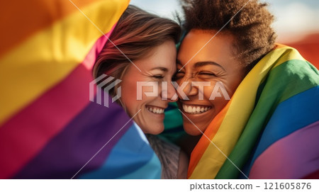 Happy, couple and lesbian with women in selfie, pride flag and lgbt relationship with love and happiness. Neural network ai generated 121605876