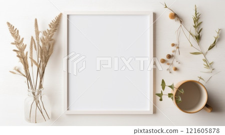 White space for text in frame in beige light interior surface. Neural network ai generated 121605878