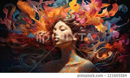 Fashion model girl portrait with colorful powder background. Neural network ai generated 121605884