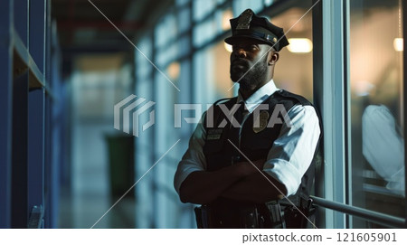 Security Guard Officer Standing In Shopping Mall. Neural network ai generated 121605901