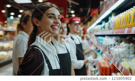 Many supermarket workers at fruits and vegetables section. Neural network ai generated 121605902