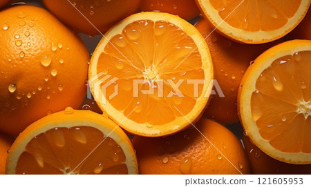 Creative fruits composition. Beautiful oranges whole and sliced glistering with dew water droplet. Neural network ai generated Creative fruits composition. Beautiful oranges whole and sliced glistering with dew water droplet. Neural network ai generated 121605953