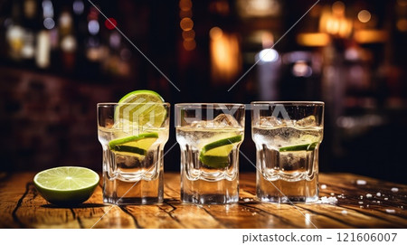 Gold tequila shot with lime fruits on black background. Neural network ai generated 121606007