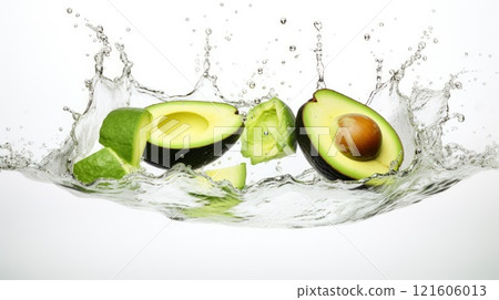 Splash of water and few green avocados on white background. Neural network ai generated 121606013