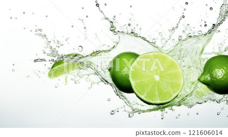 Splash of water and few green limes on white background. Neural network ai generated 121606014