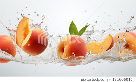 Splash of water and few orange peaches on white background. Neural network ai generated 121606015